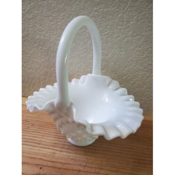 Fenton Other - Vintage Fenton White Milk Glass Hobnail Ruffled Edge Basket 7"x7"